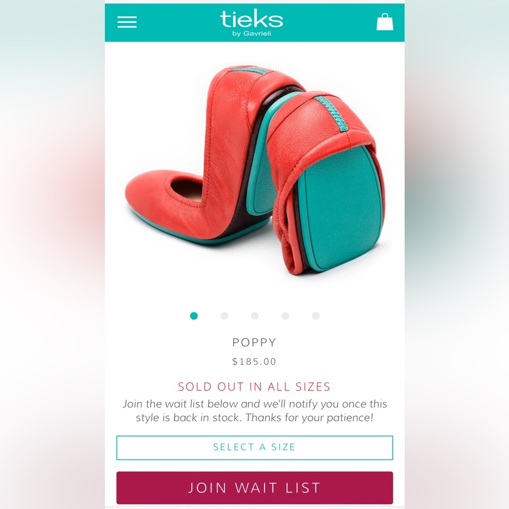 Tieks limited edition poppy ballet flats, size 8, leather